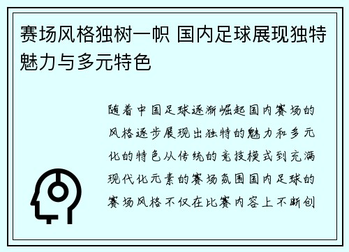 赛场风格独树一帜 国内足球展现独特魅力与多元特色 赛场风格独树一帜 国内足球展现独特魅力与多元特色
